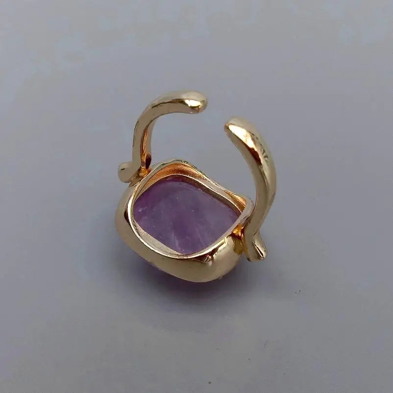 18K Gold Plated Copper Ring with Natural Purple Amethyst Stone, Adjustable