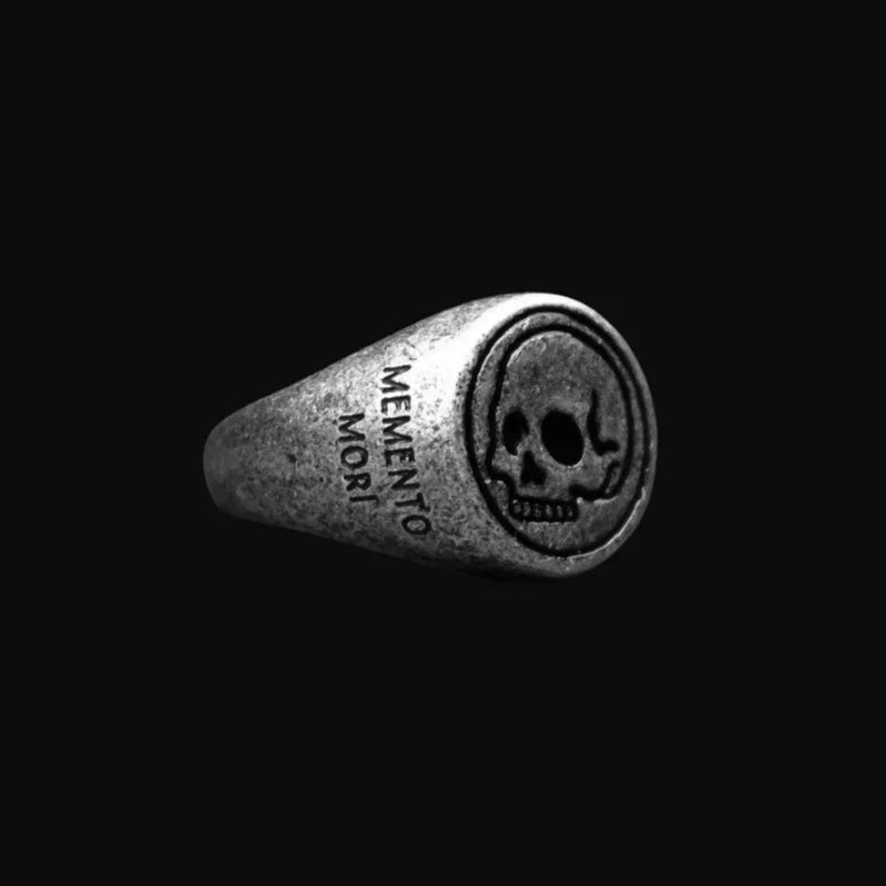Memento Mori Vintage Enspired Silver Plated Stainless Steel Gothic Engraved Ring