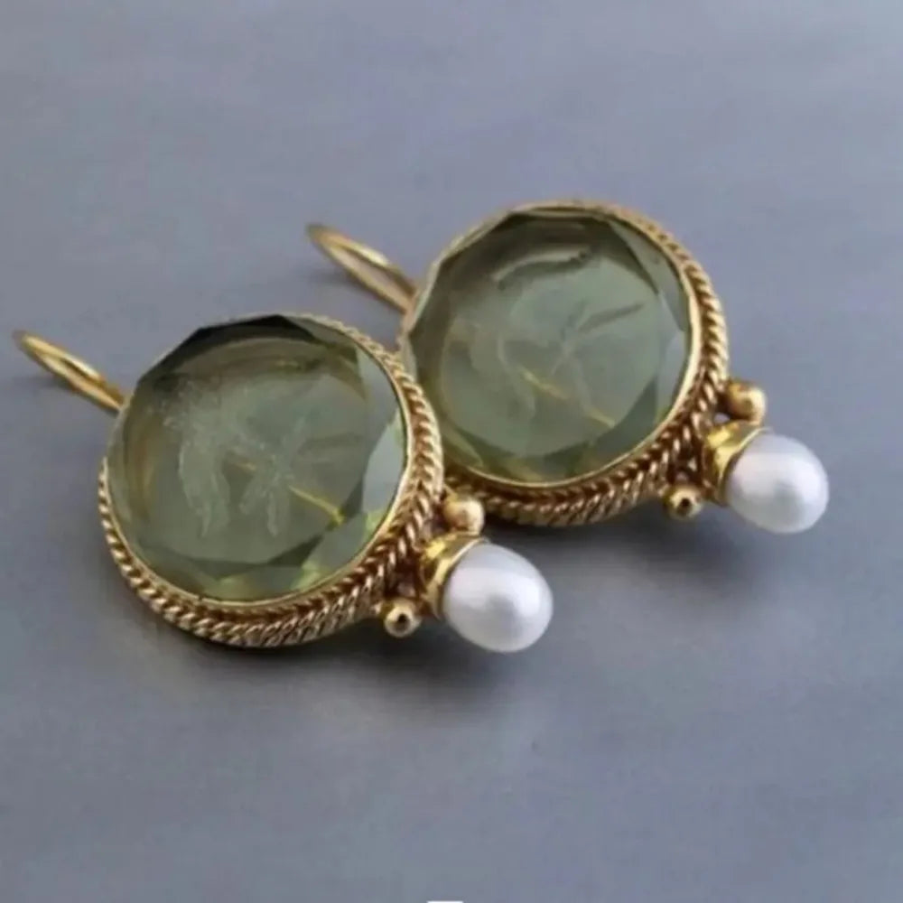 Retro Geometric Hexagonal Green/Blue Crystal Faux Pearl Copper Earrings