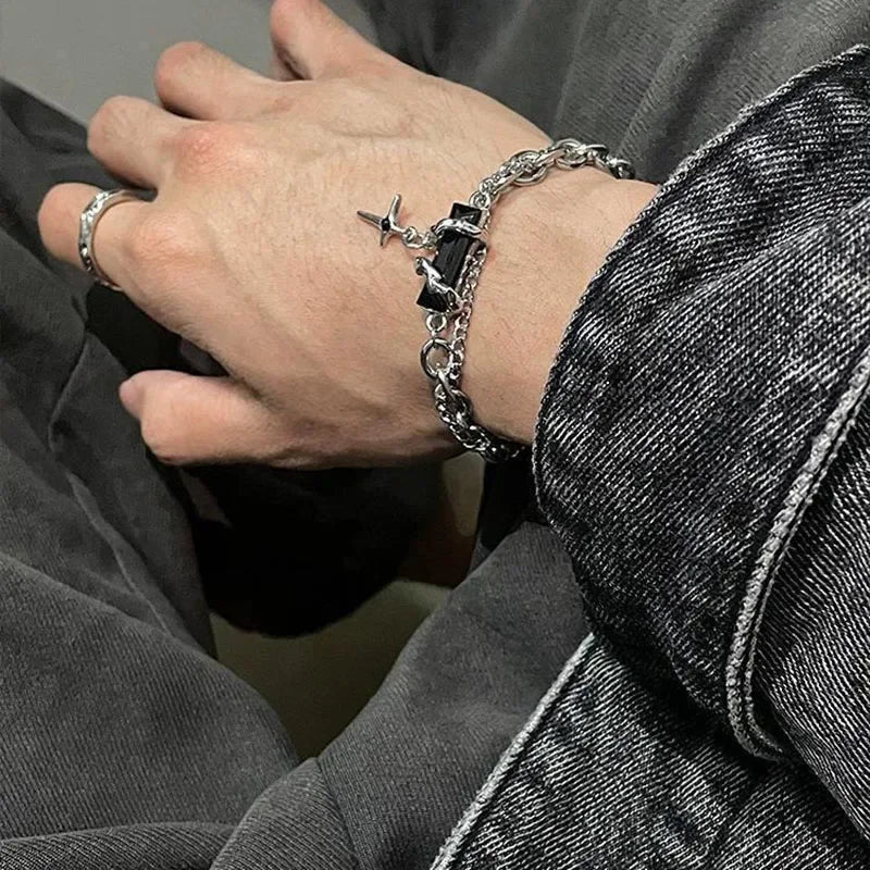 Retro Black Zircon Star Chain Stainless Steel Punk Bracelet
