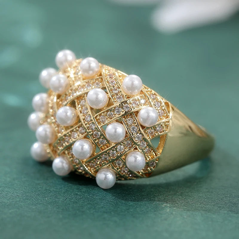 Cubic Zirconia Luxury Faux Pearl Gold Plated Copper Cocktail Ring