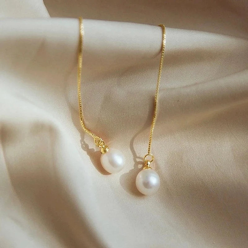 Long Hanging Thread Alloy Earrings Simulated Drop Pearl