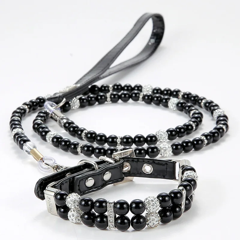 Fashionable Faux Pearl Crystals Adjustable Collar & Leash