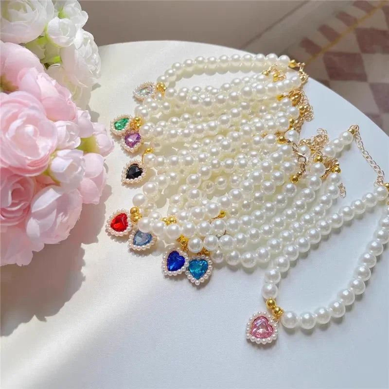 Faux Pearl Dog Necklace & Heart Rhinestone Pearl Pendant