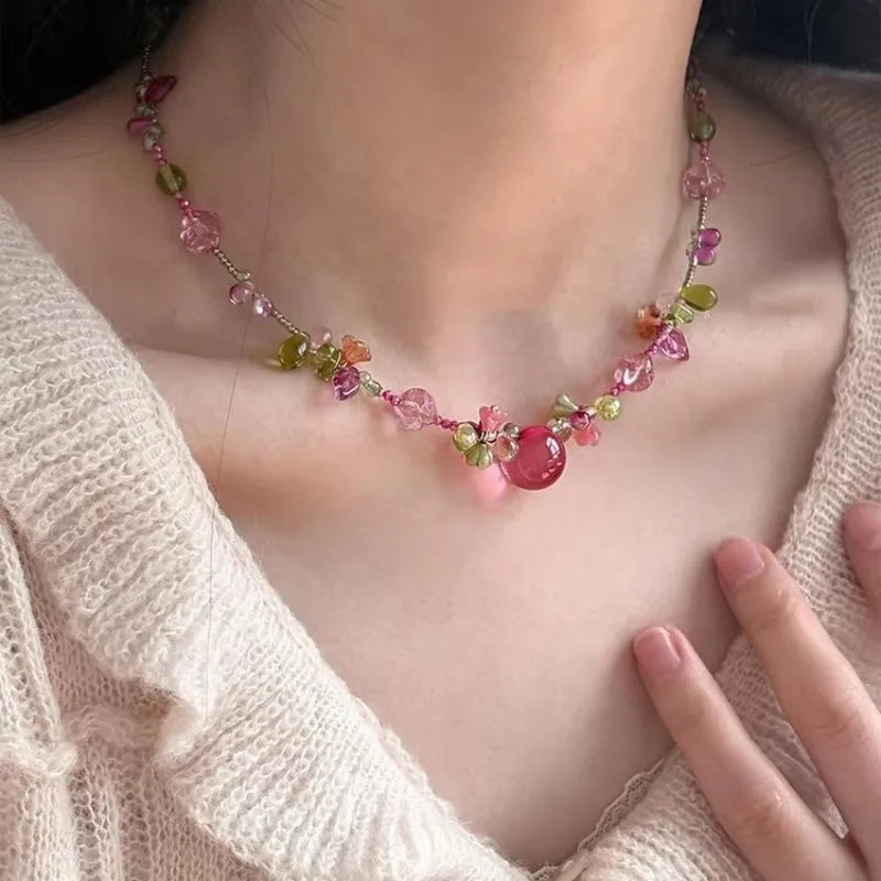 Resin Cherry Fruit Flower Bead Choker Necklace