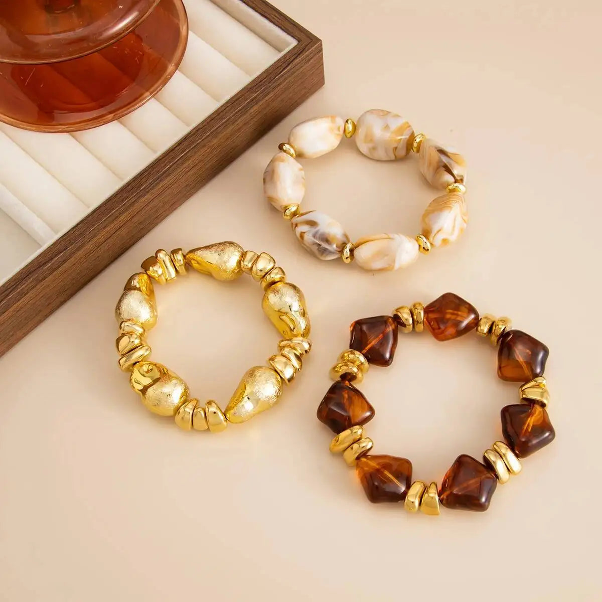 3 Pcs Set Acrylic Resin Copper Coated Bead Bracelets - Y2K Bohemian Uneven Various Forms