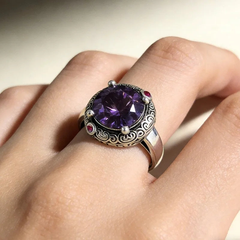 925 Sterling Silver Large Purple CZ Stone Adjustable Ring