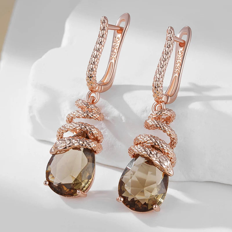 14K Rose Gold Plated Copper Snake Dangle Earrings with Natural Brown Zircon