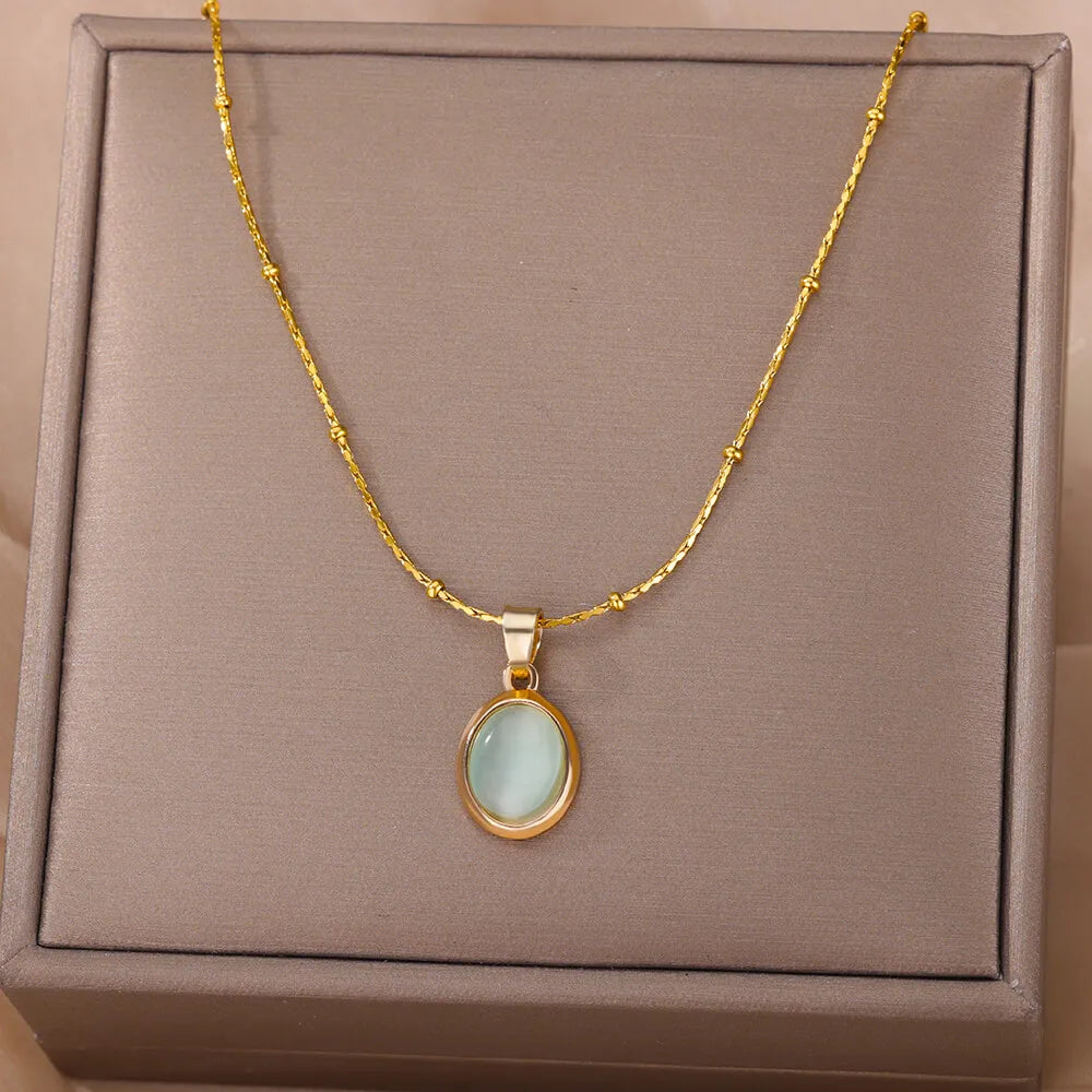 Opal Stone Pendant Stainless Steel Necklace