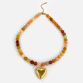 18K Gold Plated Steel Necklace - Boho Brown/Orange Natural Stone Handmade Beaded