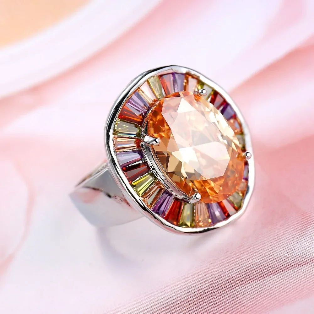 925 Sterling Silver Plated Copper Ring with Multicolored Stones - Bold, Attention, Cocktail Ring