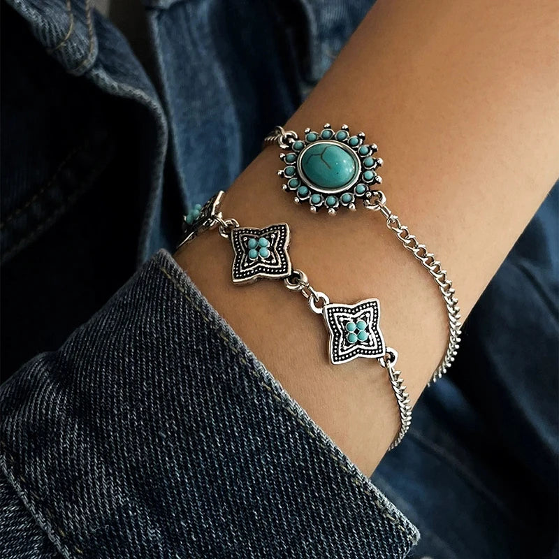 Adjustable Zinc Alloy Flower Detail Bracelet with Stone - Antique Inspired, Elegant, Boho