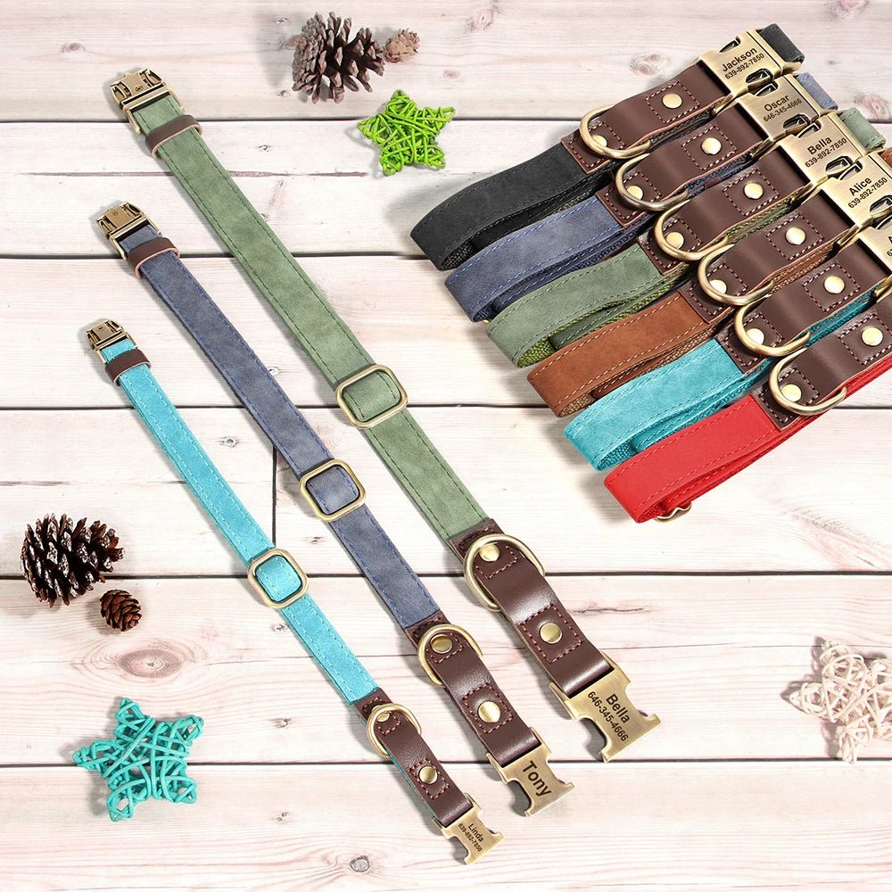 Faux Suede Leather Adjustable Dog Collar - Customize, Engrave, Name Tag, ID Necklace