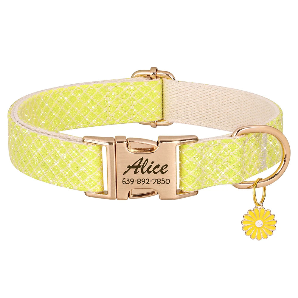 Nylon Dog Collar with Cute Flower Tag - Customize, Engrave, Name Tag, ID Necklace