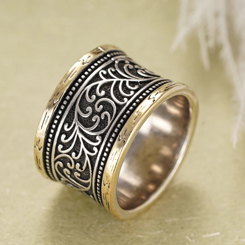 Two Tone Black Pattern Brass Band Ring - Bold, Statement Piece, Unique