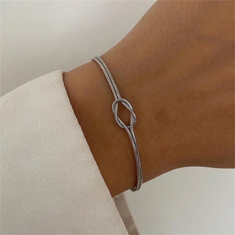 Elegant Stainless Steel Snake Chain Knot Bracelet - Handmade, Minimalist, Expandable