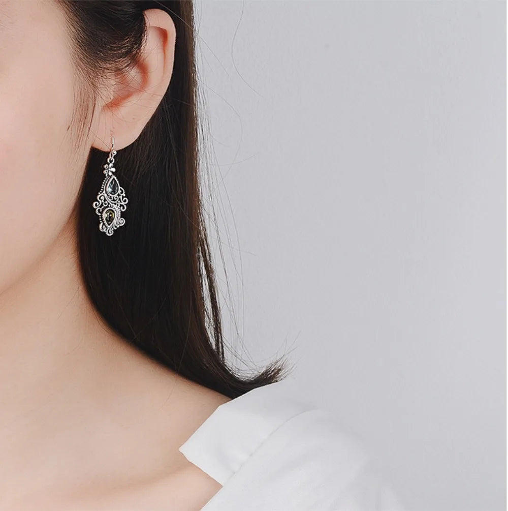 Retro Court Style Sea Blue Topaz Flower Water Droplet Dangle Alloy Earrings