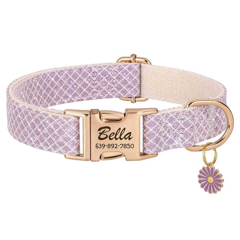 Nylon Dog Collar with Cute Flower Tag - Customize, Engrave, Name Tag, ID Necklace