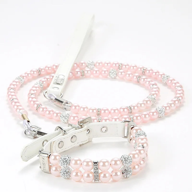 Fashionable Faux Pearl Crystals Adjustable Collar & Leash