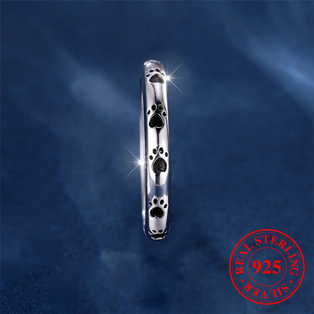 925 Sterling Silver Dog Paw Footprint Band Ring with Black Cubic Zirconia Hearts