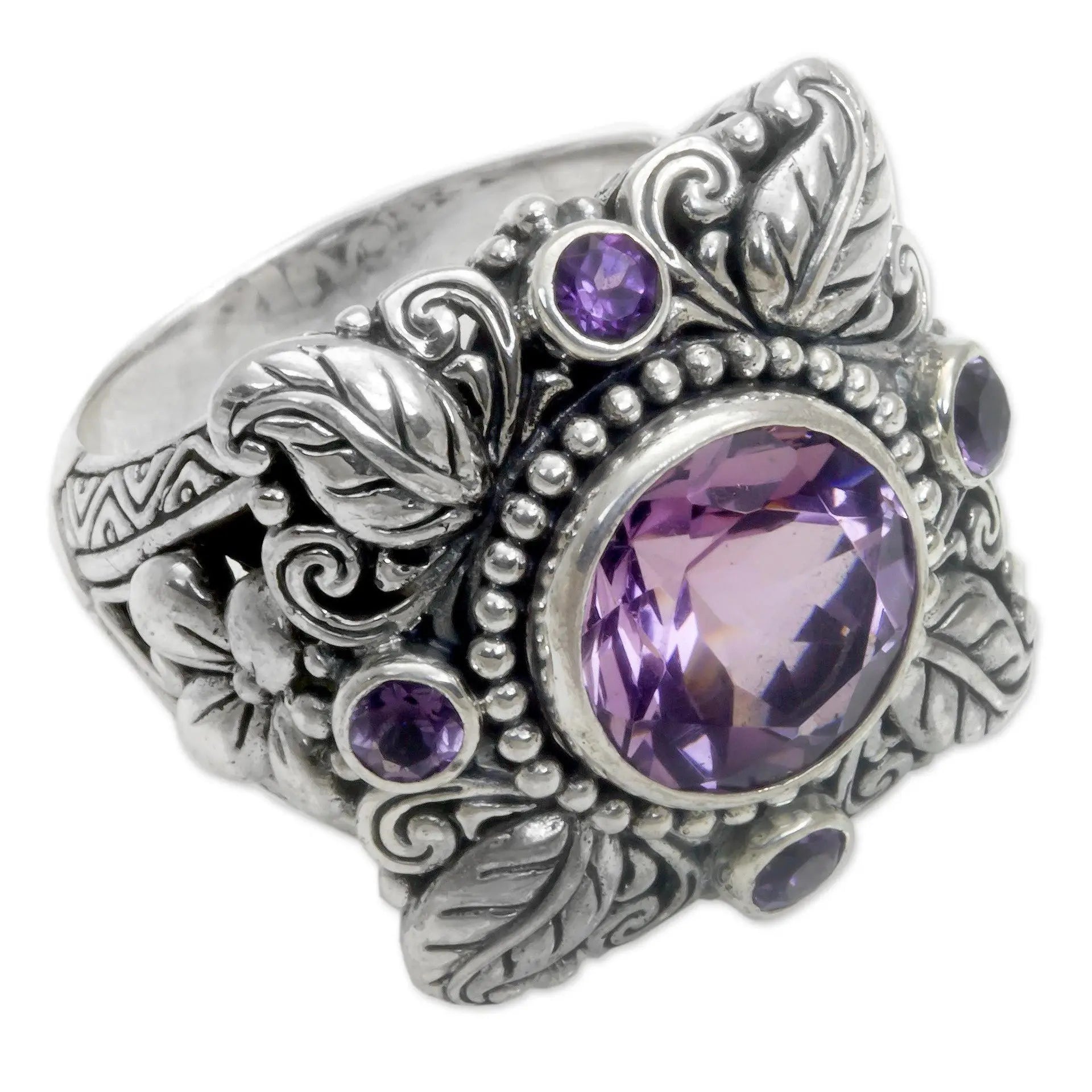 Purple CZ Stone Thai Silver Plated Zinc Alloy Leaf Flower Ring