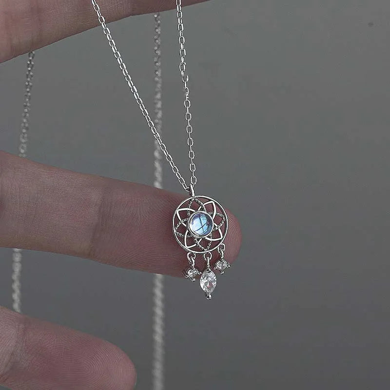 Delicate Dream Catcher Blue Zircon Pendant Zinc Alloy Necklace