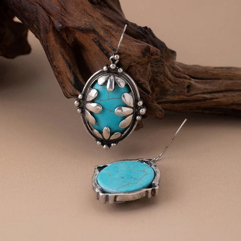 Bohemian Oval Flower Large Turquoise Drop Alloy Earrings