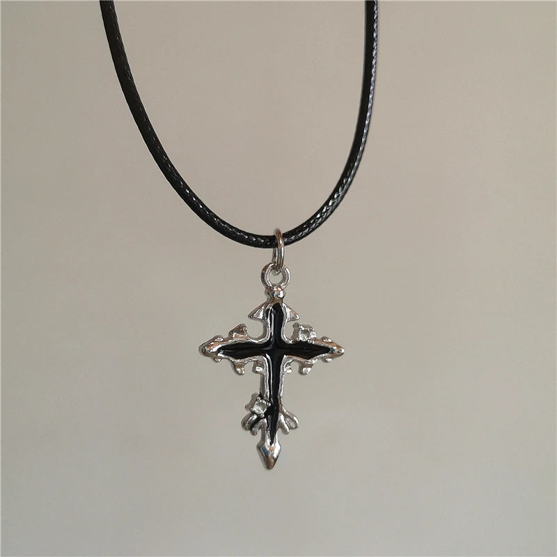 Stainless Steel Gothic Y2K Black Thorn Cross Heart Pendant Choker Necklace Selection