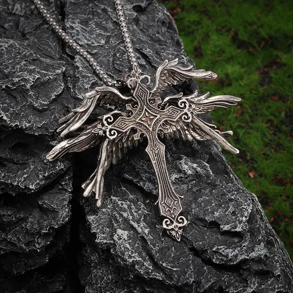 Gothic Wings Cross Pendant Vintage Inspired Zinc Alloy Necklace