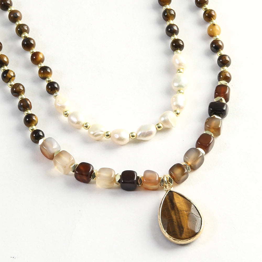 Bohemian 2-Layer Tiger Eye Indian Agate Stone Freshwater Pearl Drop Pendant Necklace