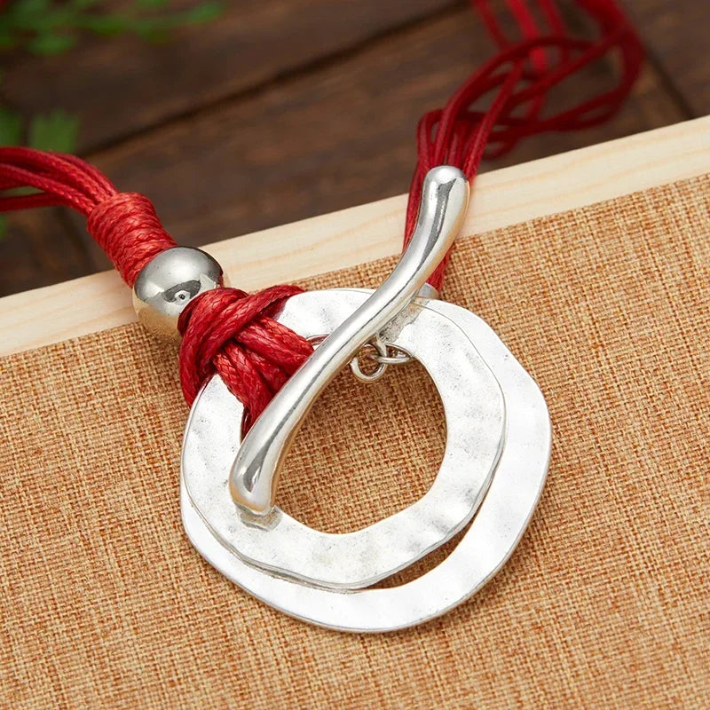Bold Boho Style Round Alloy Pendant Red Multilayered Rope Necklace