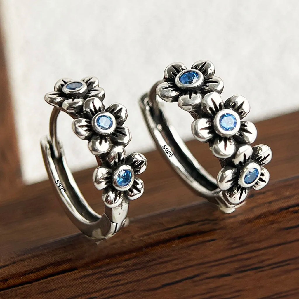 Blackened 925 Sterling Silver Blue CZ Flower Hoop Earrings