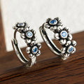 Blackened 925 Sterling Silver Blue CZ Flower Hoop Earrings