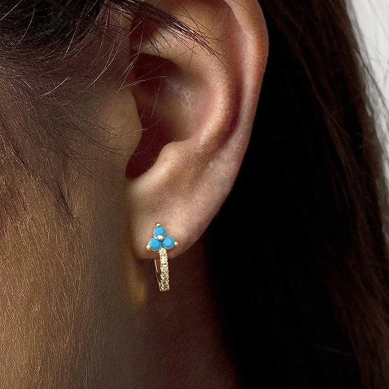 Dainty Hoop 3 Petals Turquoise Flower Alloy Earrings