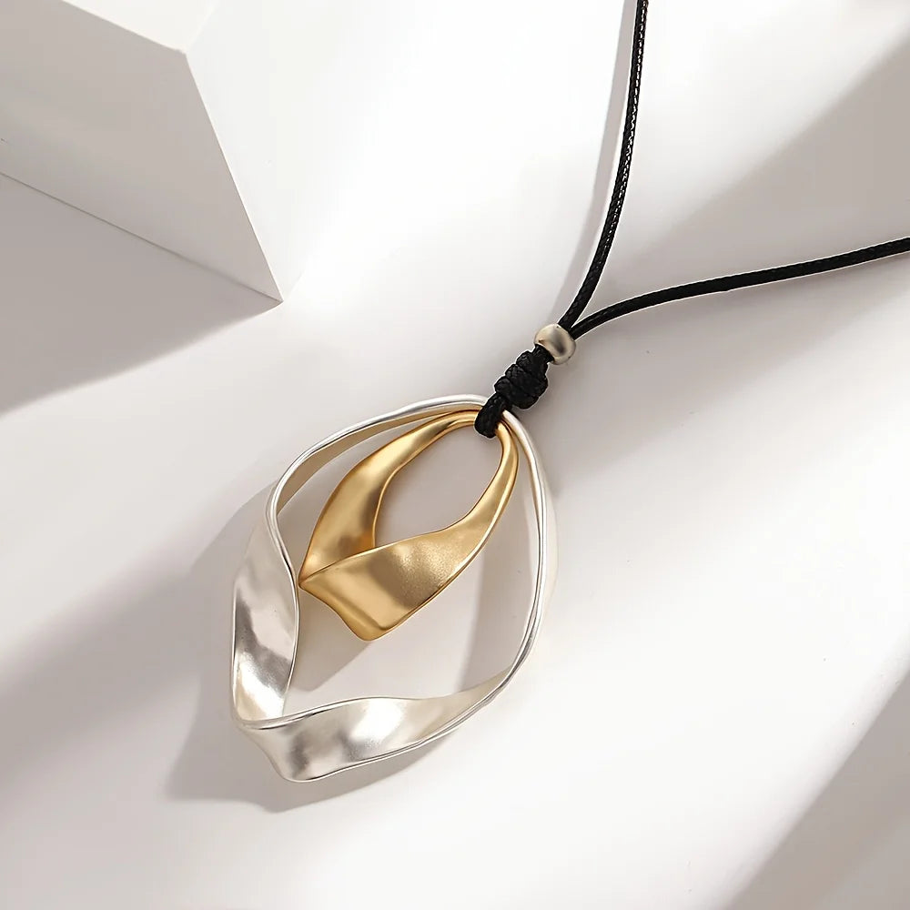 Bold Two-Tone Geometric Circle Zinc Alloy Pendant Long Faux Leather Rope Necklace