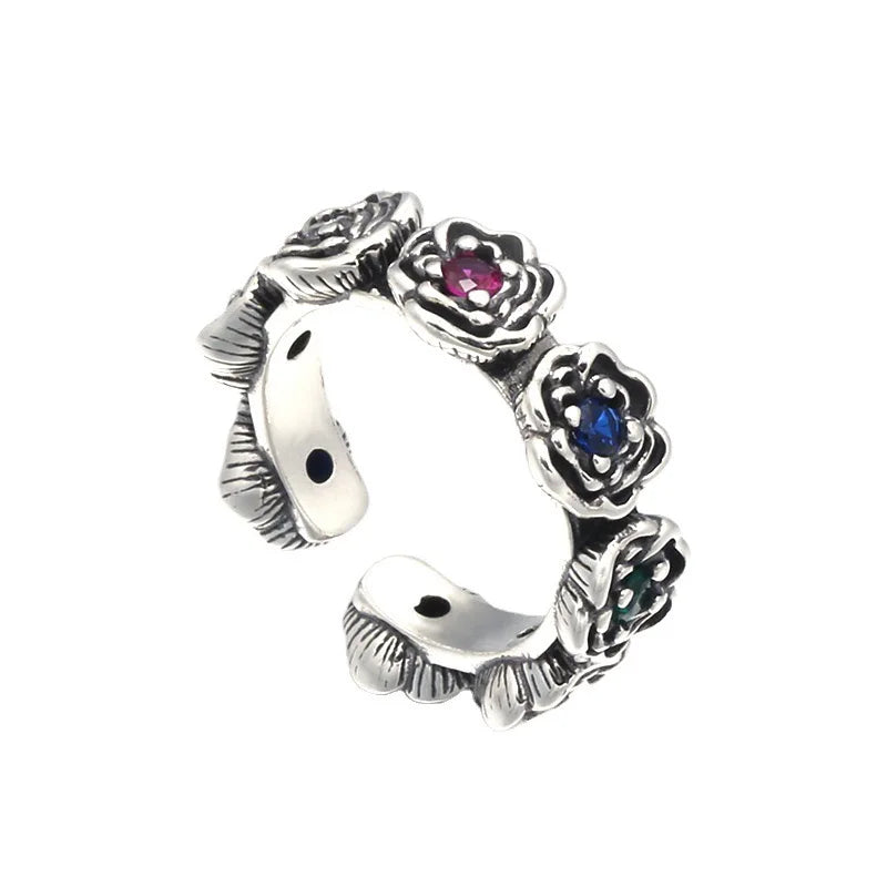 Sterling Silver Multicolor CZ Adjustable Rose Ring