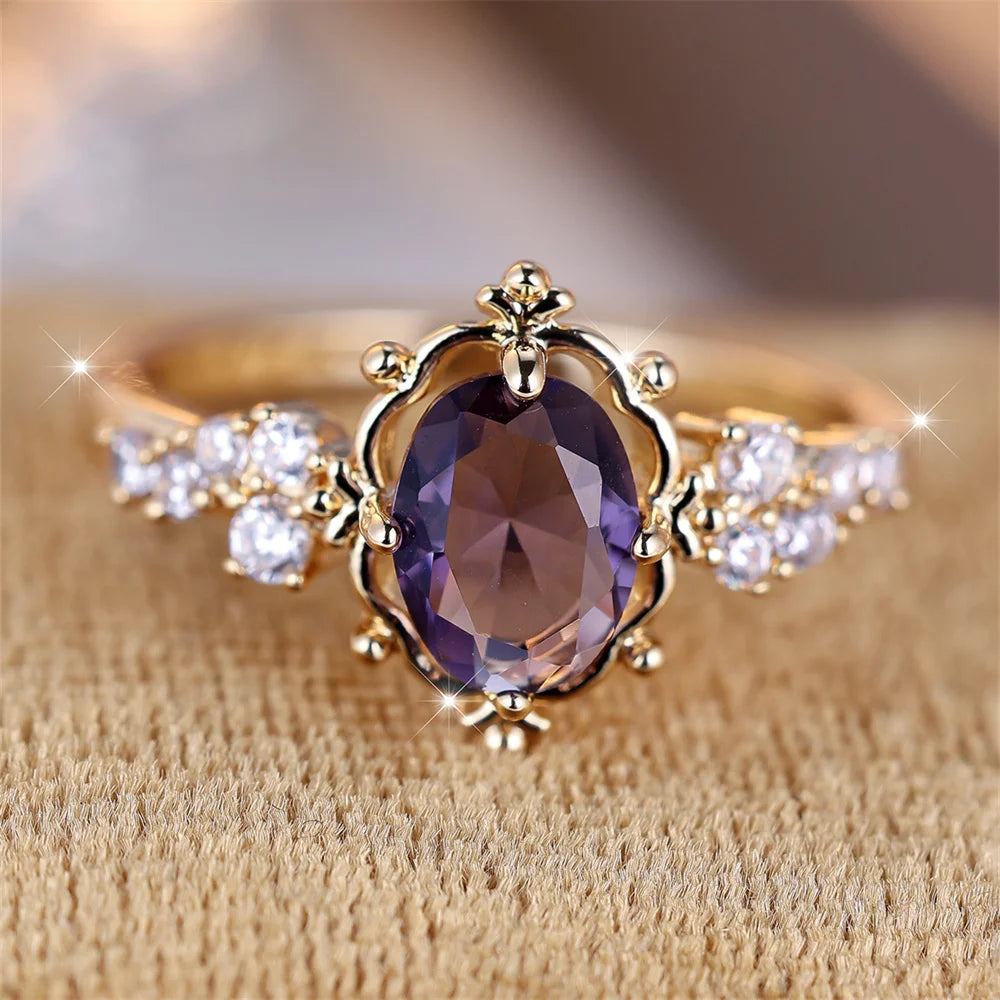 Gold Plated Copper Ring with Purple Oval Crystal Stone & Clear CZ - Romantic, Vintage Looking