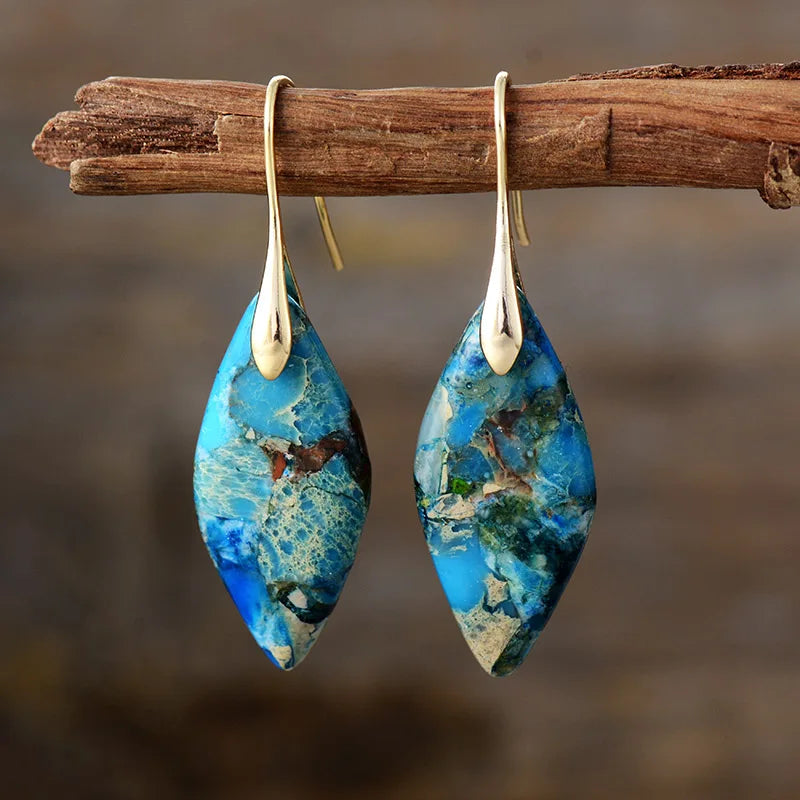 Bohemia Gold Plated Multicolored Natural Stone Leaf Shaped Earrings