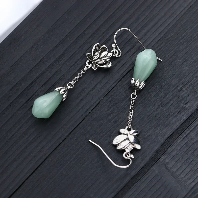 925 Sterling Silver Lotus Flower Jade Stone Drop Earrings