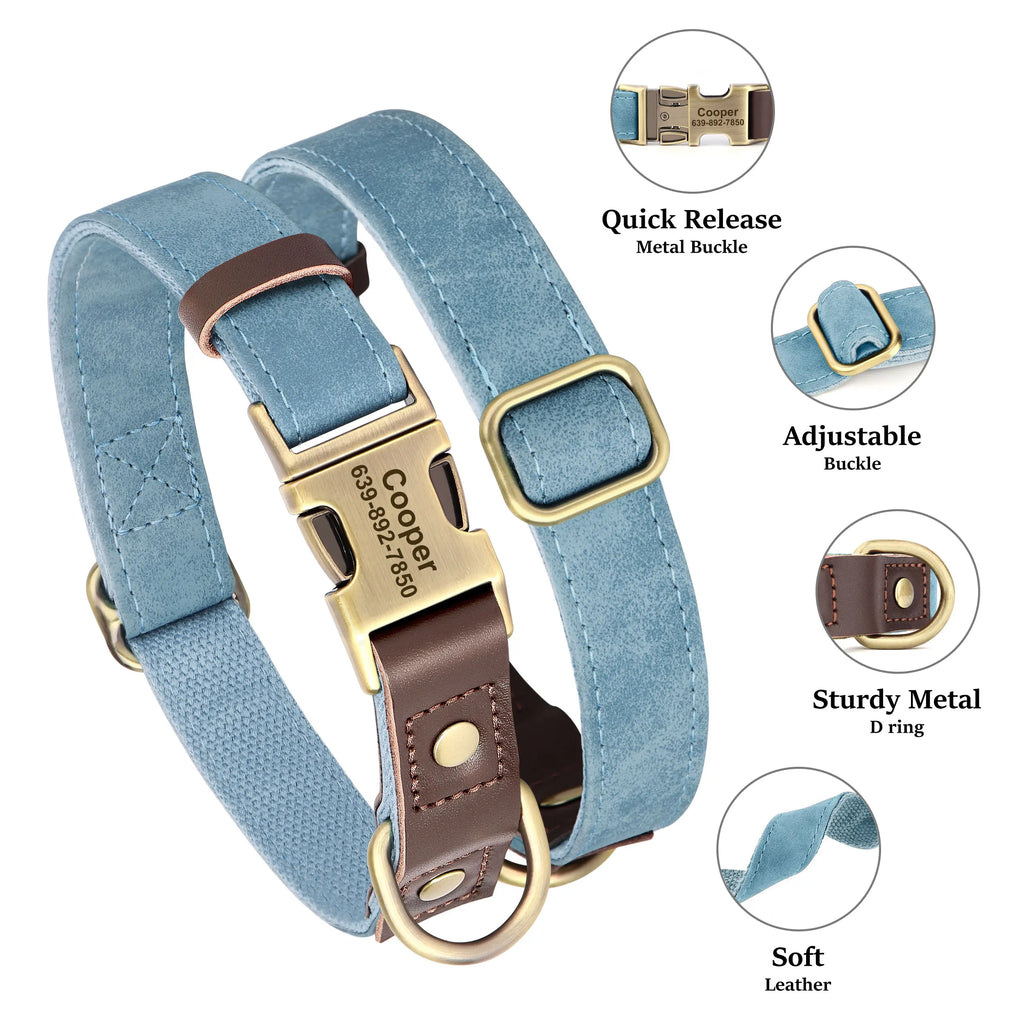 Faux Suede Leather Adjustable Dog Collar - Customize, Engrave, Name Tag, ID Necklace