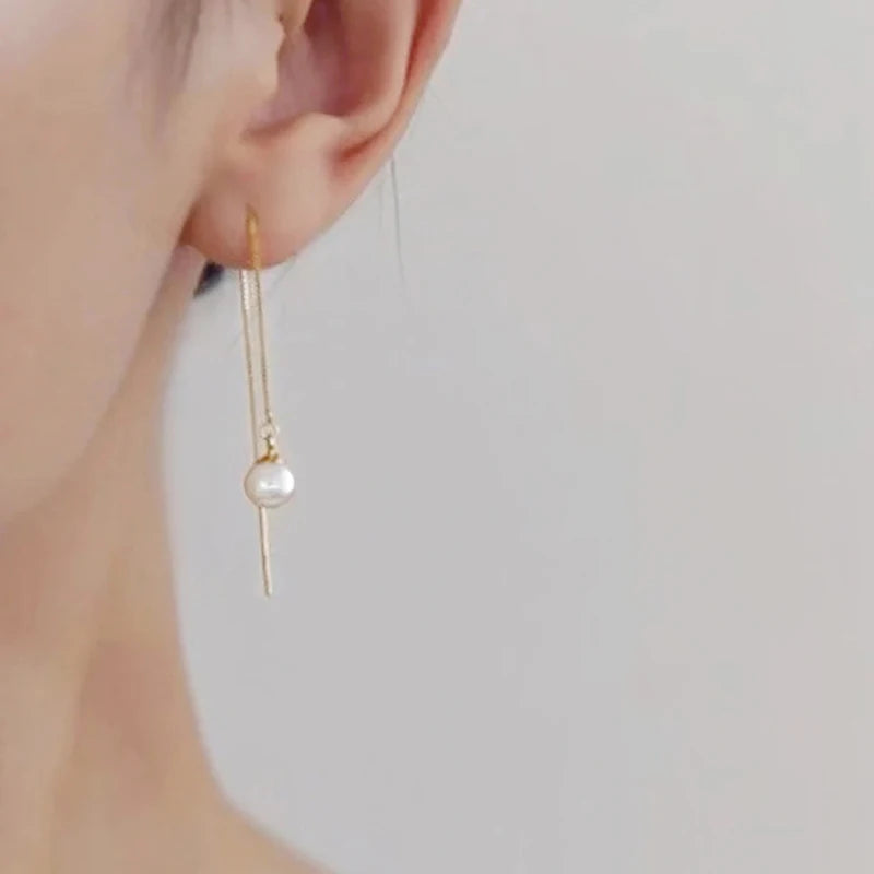 Long Hanging Thread Alloy Earrings Simulated Drop Pearl