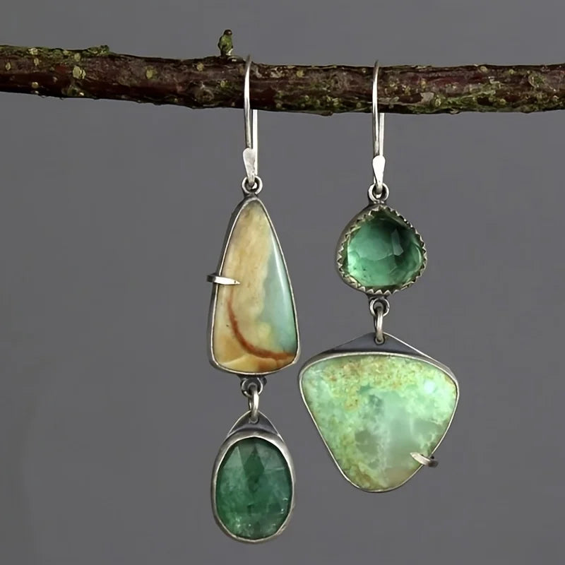 White Gold Plated Copper Green Stone Earrings - Boho, Asymmetric, Vintage Inspired