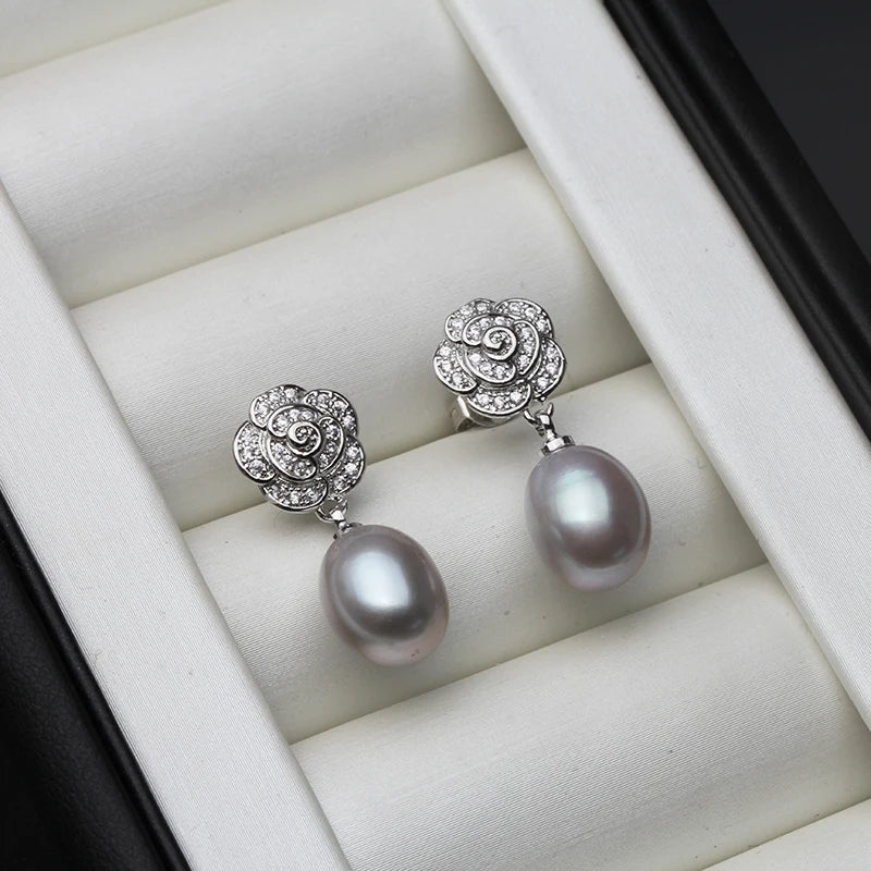 925 Sterling Silver Freshwater Pearl CZ Flower Drop Earrings