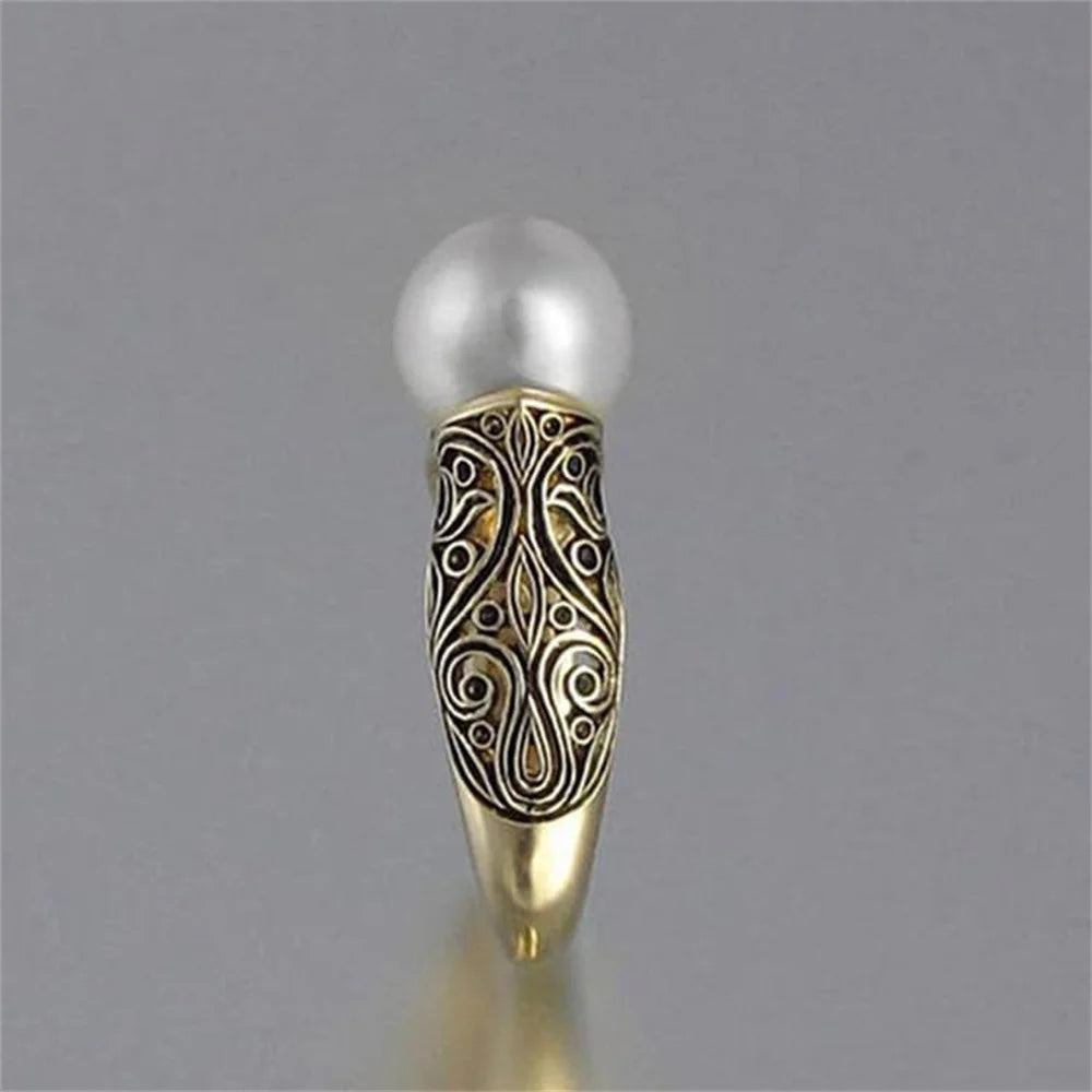 Vintage Inspired Faux White Pearl Two-Tone Ring with Cubic Zirconia & Zinc Alloy