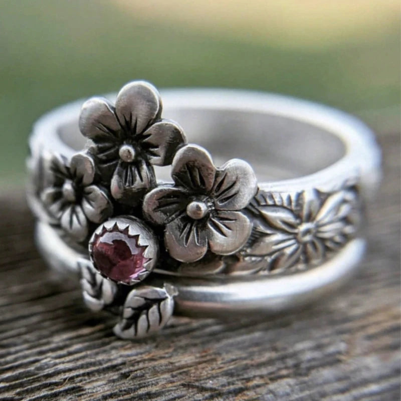 2pcs Retro Flower Leaf Pattern Stacking Pair Pink Zircon Zinc Alloy Ring
