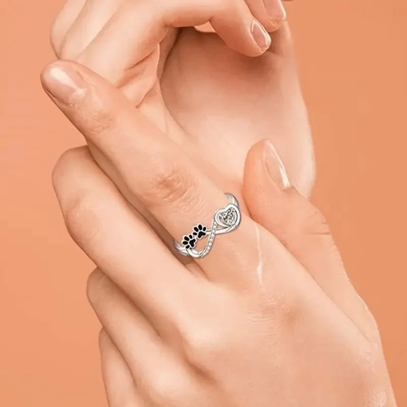 925 Silver Plated "Always in My Heart" Zircon Stones Paws Dog Footprints Ring