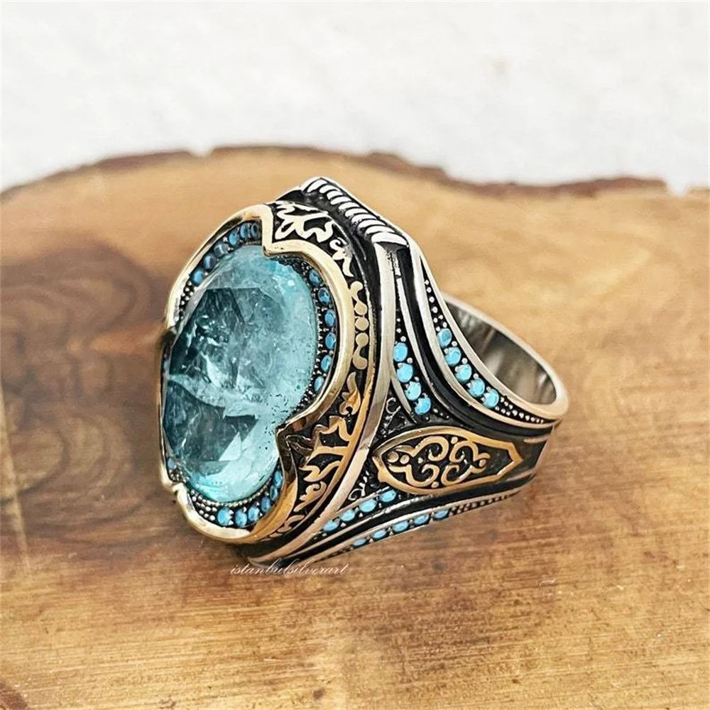 Turkish Large Blue Zircon Stone Zinc Alloy Two Tone Pattern Ring