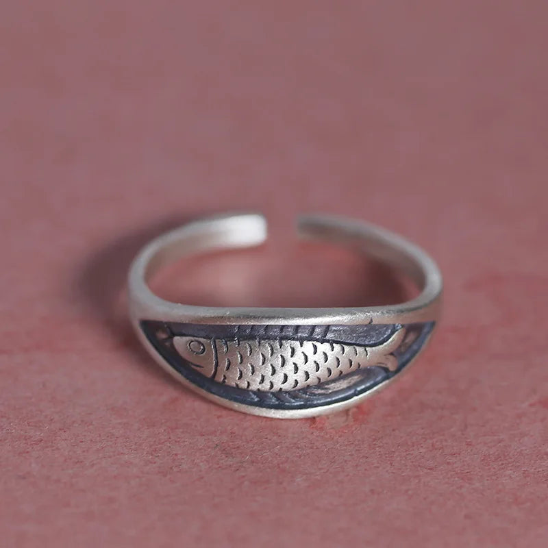 925 Sterling Silver Retro Fish Ring Adjustable