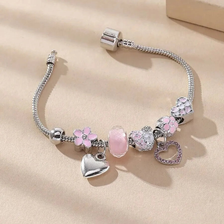 Love Heart Flower Crystal Stone Pendant Charm Copper Bracelet Girls