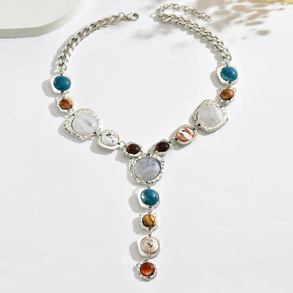 Bold Statement Resin Stone Zinc Alloy Necklace - Oversized, Multicolor, Boho, Trendy